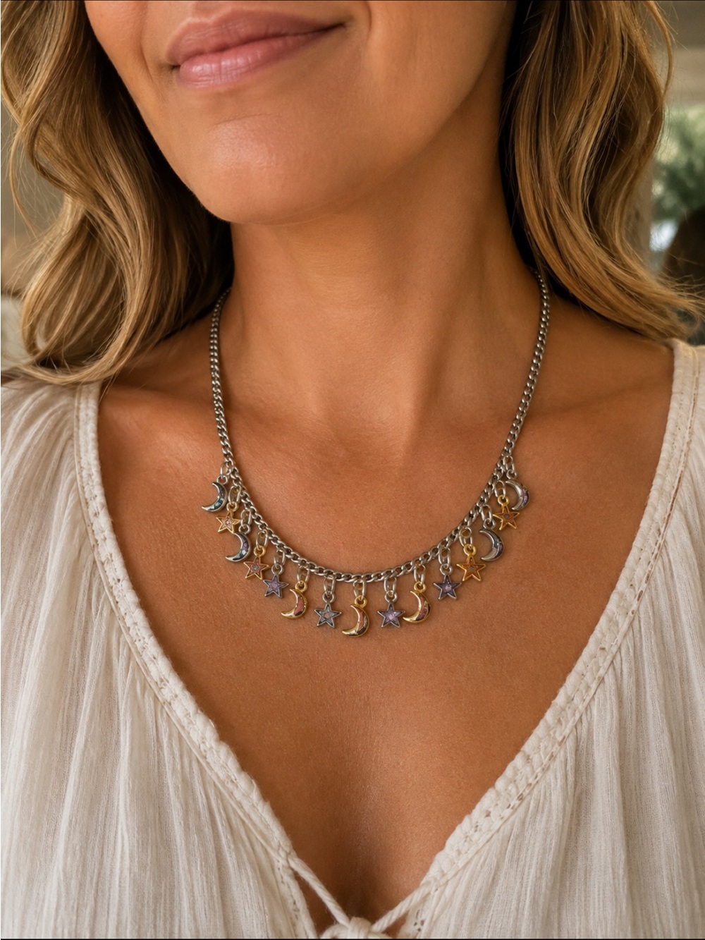 Silver Chain Necklace with Gold & Silver Star and Moon Charms